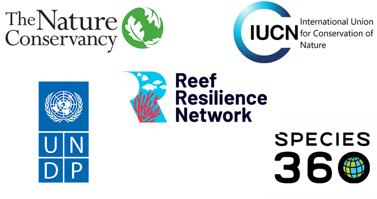 Logos of The Nature Conservancy, United Nations Development Programme, Species 360, International Union for Conservation of Nature, and Reef Resilience Network